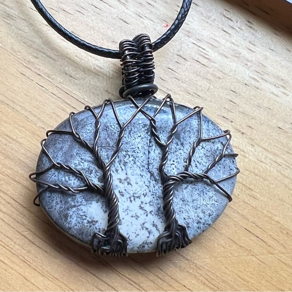 New Dendritic Opal Stone Wire Wrapped Tree of Life Pendant Necklace with Cord - Picture 5 of 5